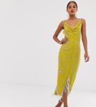 Asos Design Tall Cowl Neck Midi Dress In Allover Embellishment With Fringe Hem - Green