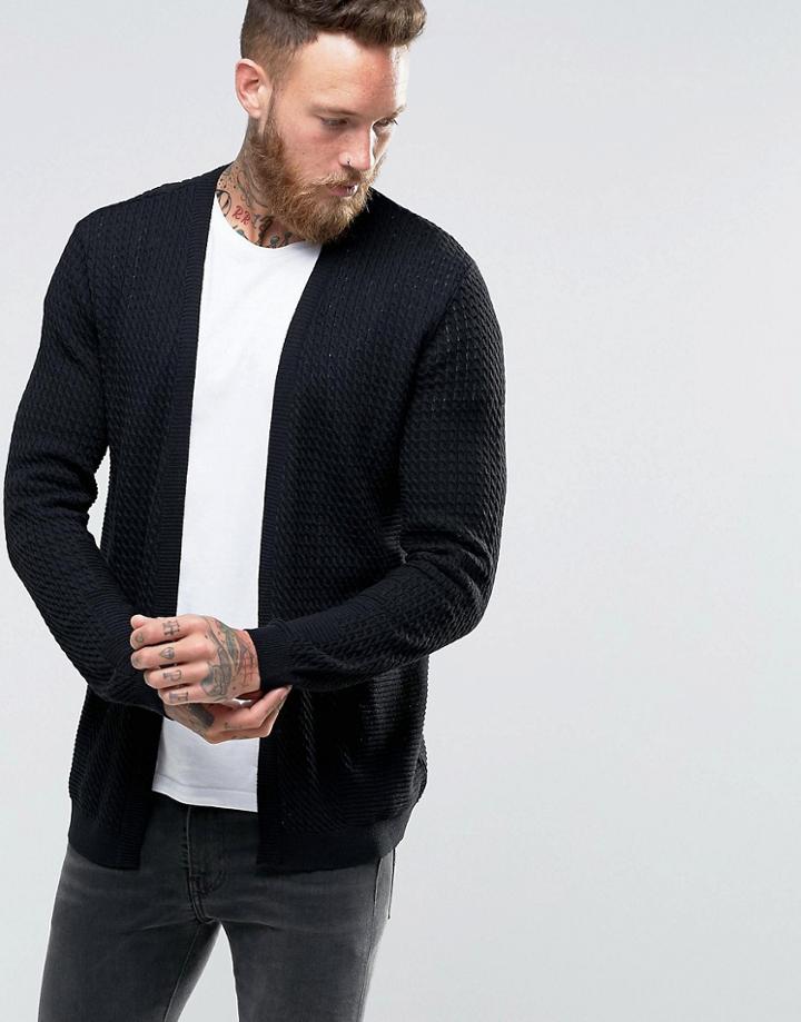 Asos Cable Knit Cardigan With Rib Detail - Black