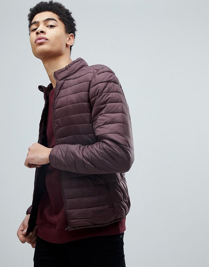 Pull & Bear Puffer Jacket In Burgundy - Purple