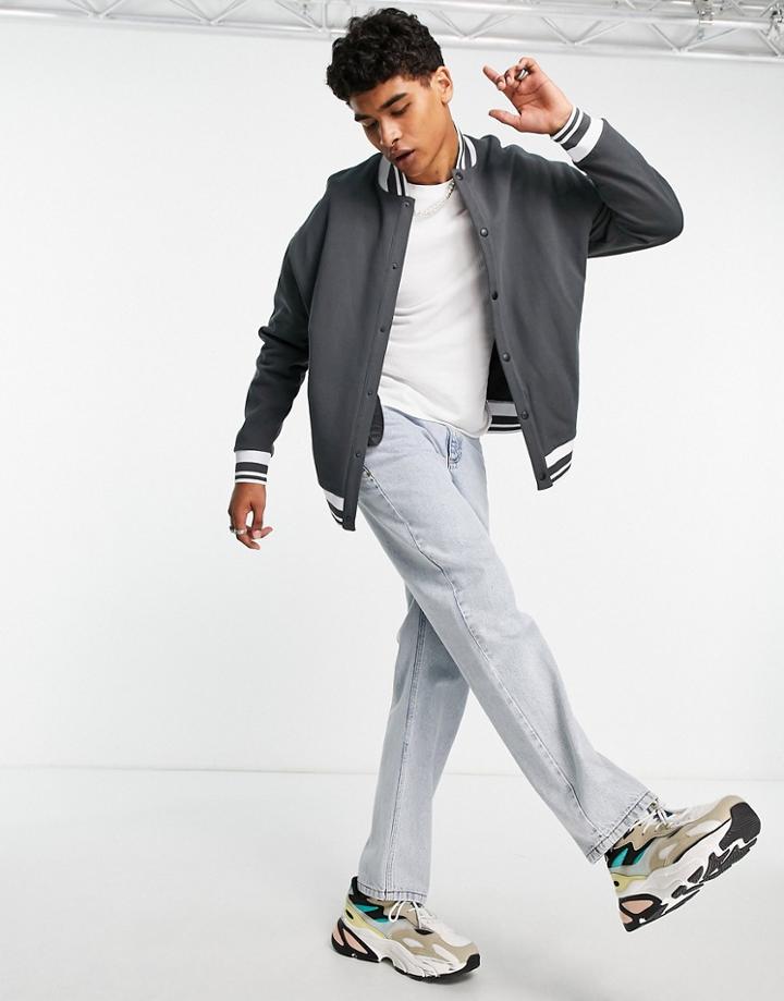 Asos Design Oversized Jersey Bomber Jacket With Tipping In Gray-purple