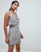 Asos Design Heavily Embellished Mini Dress With Cut Out Waist - Gray