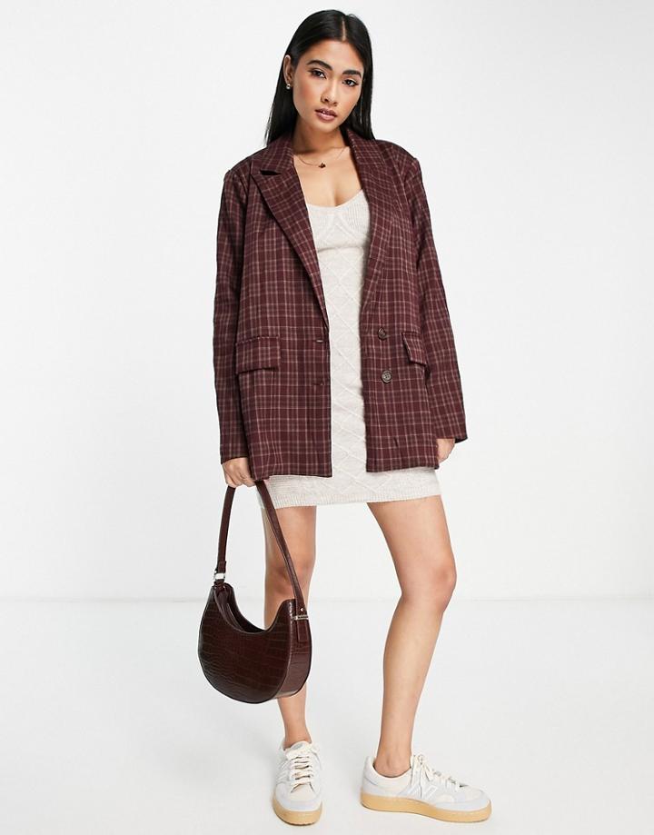 Urban Threads Oversized Blazer In Burgundy Check - Part Of A Set-red