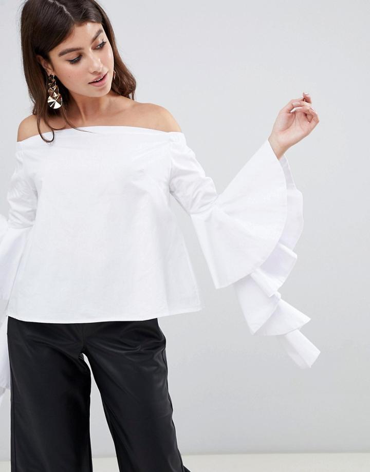 Rare London Statement Sleeve Bardot Blouse-white