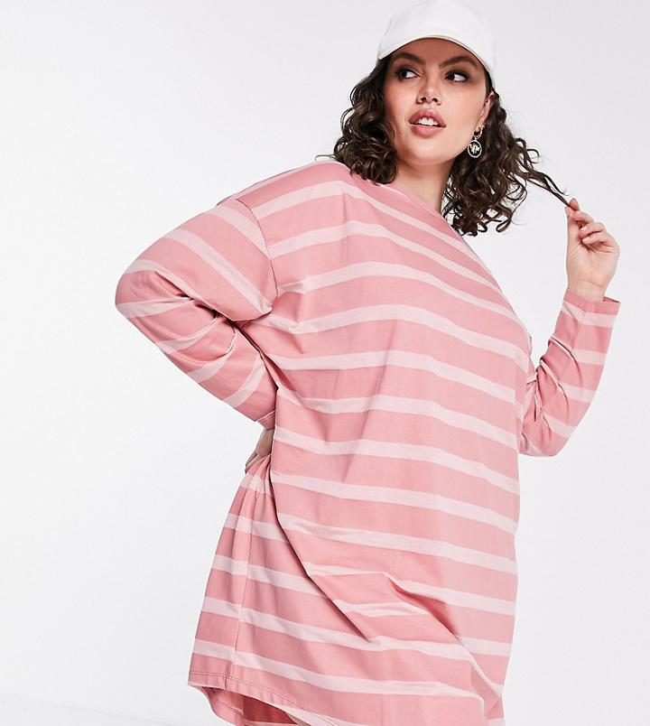 Asos Design Curve Oversized Long Sleeve T-shirt Dress In Tonal Pink Stripe