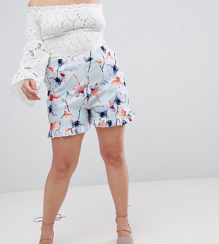 Lost Ink Plus Tailored Shorts With Frill Hem In Faded Floral Two-piece - Blue