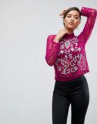 Asos Lace Top With Embellishment - Pink