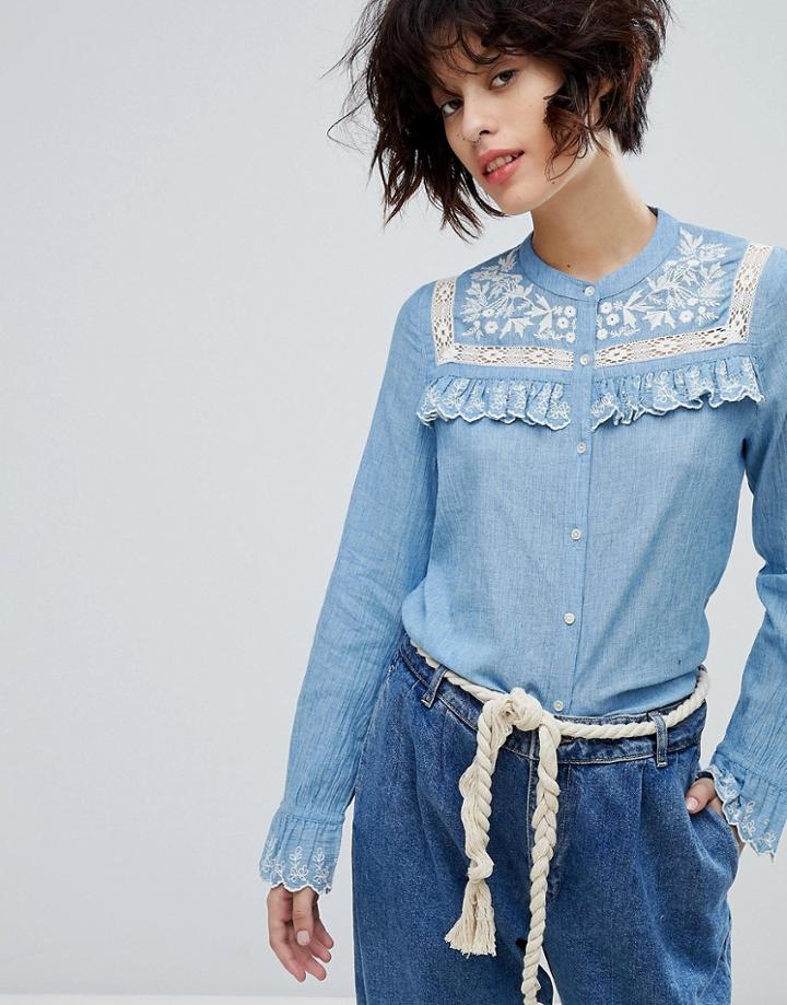 Leon And Harper Chambray Shirt With Enbroidered Yoke - Blue