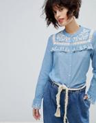 Leon And Harper Chambray Shirt With Enbroidered Yoke - Blue