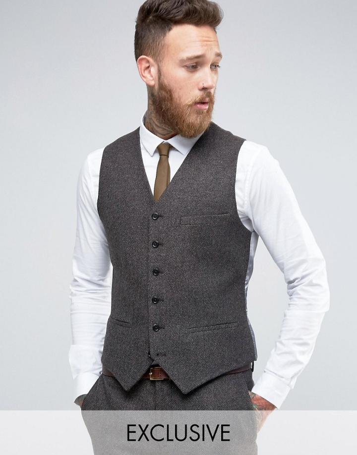 Heart & Dagger Slim Vest In Herringbone - Brown