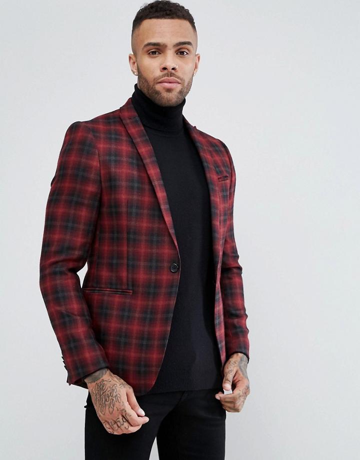 Asos Skinny Blazer In Burgundy Wool Mix Check - Red
