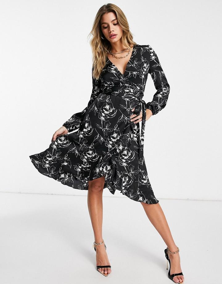 Lipsy Wrap Dress In Mono Print-multi