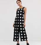 Asos Design Tall Minimal Jumpsuit With Ruched Waist In Mono Check Print - Multi