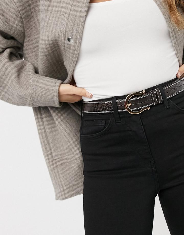 Asos Design Vintage Buckle Waist And Hip Jeans Belt With In Shiny Brown Croc With Contrast Stitch-neutral