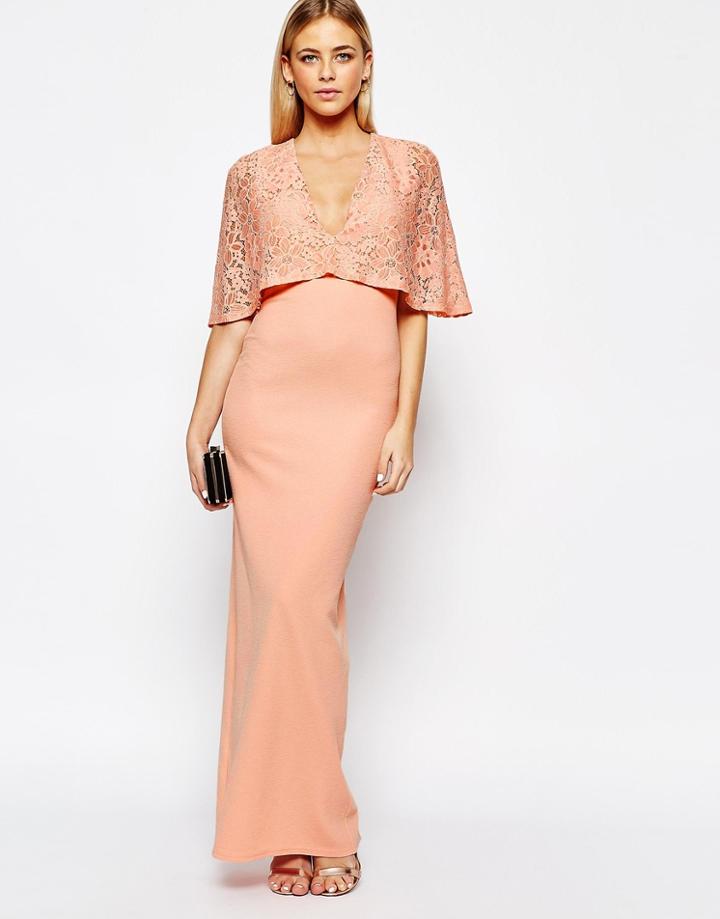 Club L Kimono Sleeve Maxi Dress With Lace Overlay - Nude