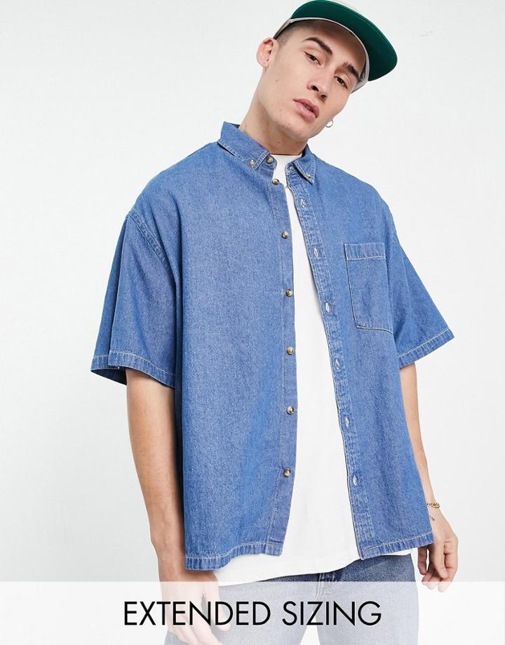 Asos Design Boxy Oversized Shirt In Denim-blue