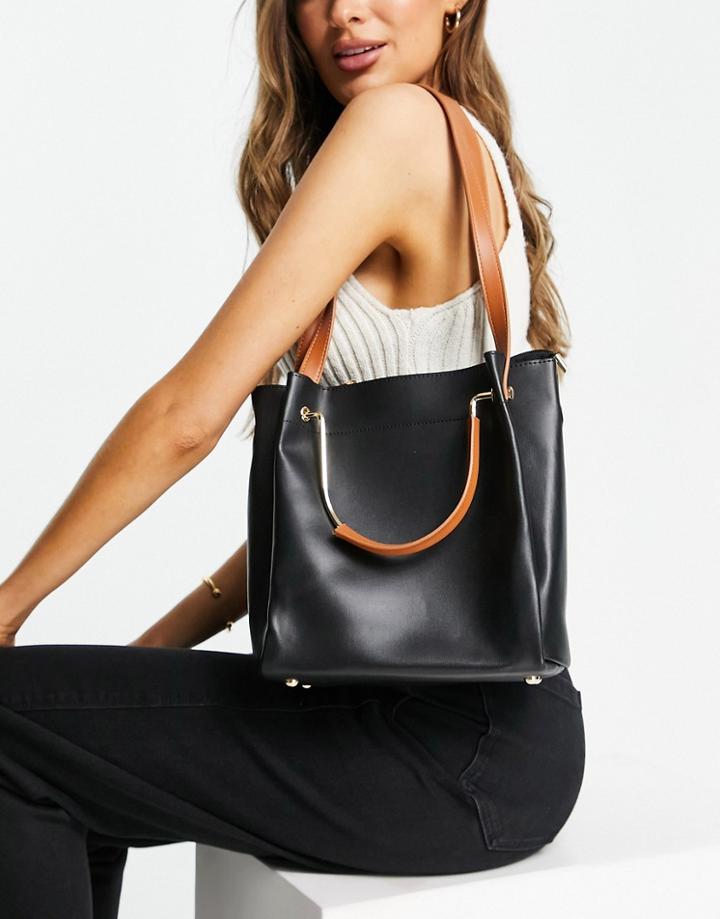 Truffle Collection Tote Bag With Tan Handle And Straps In Black