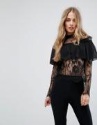 Club L Lace High Neck Overlay Frill Top - Black