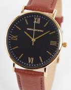 Asos Design Classic Watch With Black Face And Leather Strap In Deep Tan-brown