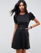 Asos Ponte Skater Dress With Puff Sleeve And Belt - Black