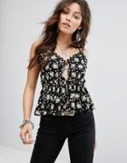 Honey Punch Cami Top With Lace Ruffle Trim In Vintage Floral - Black