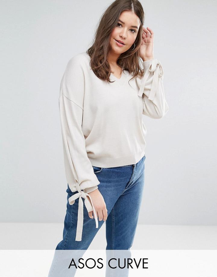 Asos Curve Sweater With Balloon Sleeves And Tie Cuff - Beige