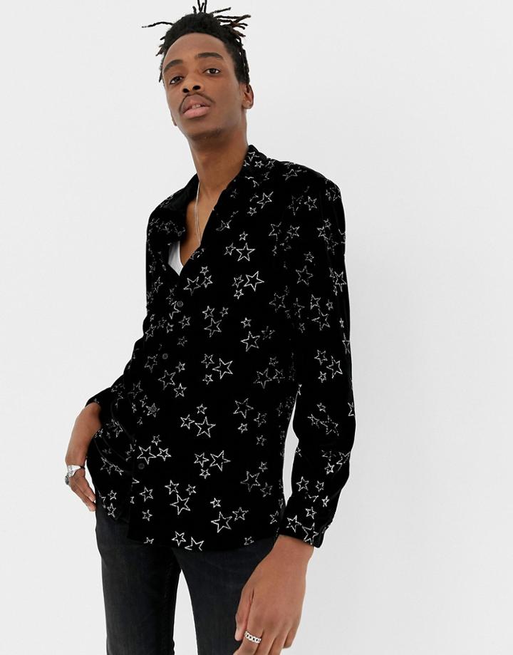 Jaded London Long Sleeve Velvet Shirt In Black With Glitter Stars - Black