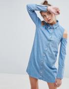 Asos Denim Shirt Dress With Peep Shoulder And Deep Cuff - Blue