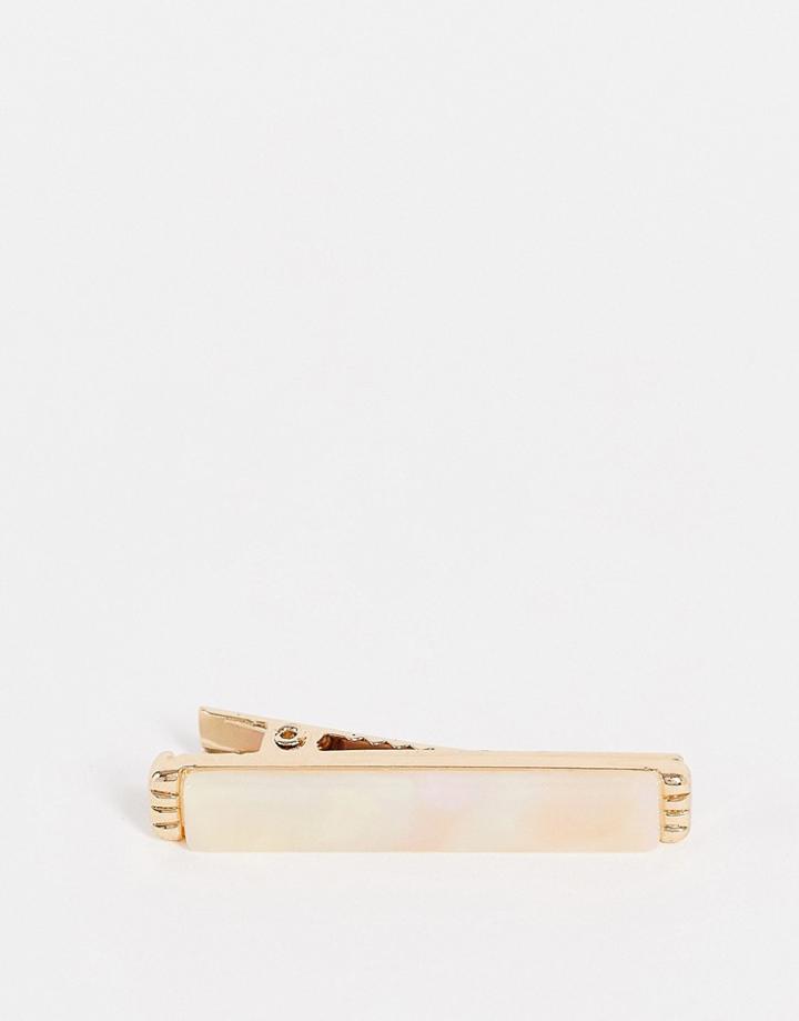 Asos Design Tie Bar In Faux Pearl In Gold Tone-silver