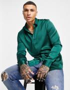 Asos Design Satin Shirt In Forest Green