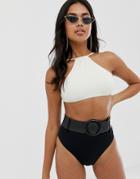 Asos Design Contast High Leg High Waist Belted Bikini Bottom In Black