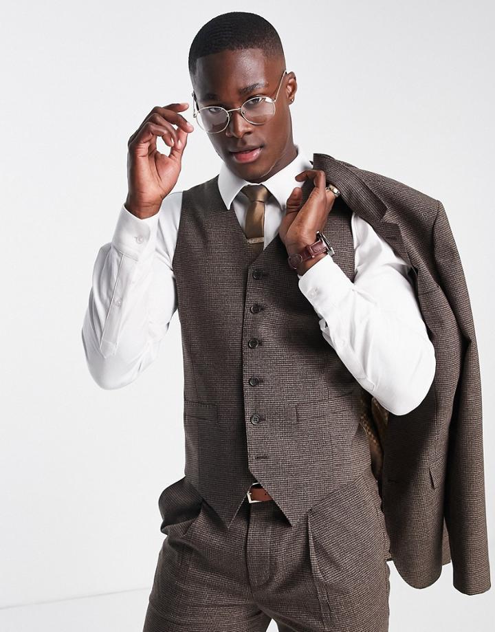 Noak Skinny Suit Vest In Brown Puppytooth Check Virgin Wool Blend With Two Way Stretch