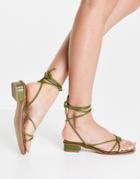 Asos Design Fergie Leather Strappy Flat Sandals In Green