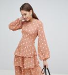 Fashion Union Tall Open Back Midi Dress With Tiered Skirt In Vintage Spot - Orange