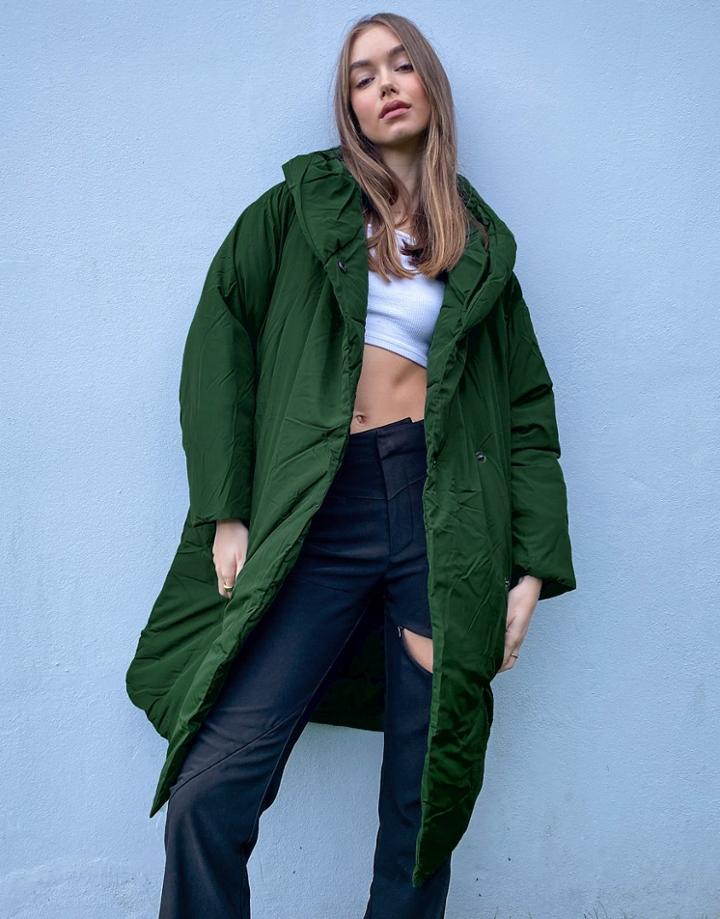 Monki Janna Recycled Padded Duvet Coat With Hood In Dark Green