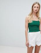 Brave Soul Moon Shirred Crop Tank Top With Contrast Stitching - Green