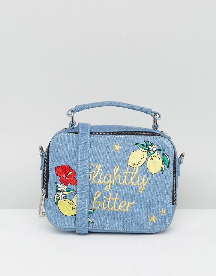 Skinnydip Slightly Bitter Denim Embroidered Cross Body Bag - Blue