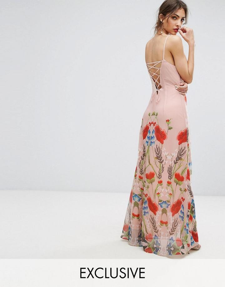 Hope & Ivy Printed Maxi Dress With Lace Up Back Detail - Pink