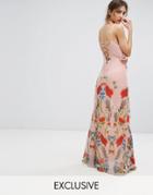 Hope & Ivy Printed Maxi Dress With Lace Up Back Detail - Pink