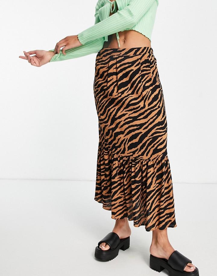 Topshop Tiered Zebra Printed Skirt In Brown