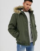 Only & Sons Short Parka With Removable Faux Fur Hood