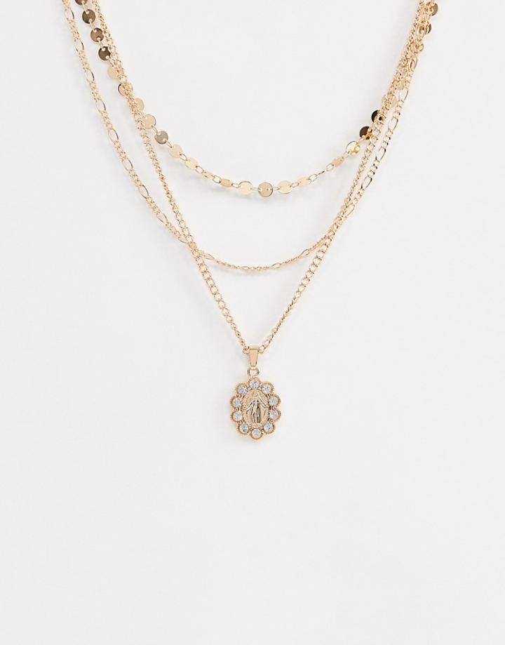 Asos Design Multirow Necklace With Vintage Style Icon Pendant And Crystals In Gold - Gold