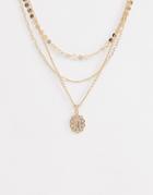 Asos Design Multirow Necklace With Vintage Style Icon Pendant And Crystals In Gold - Gold