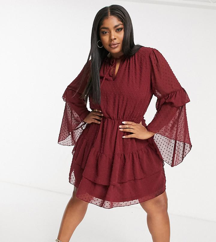 Missguided Plus Textured Smock Dress With Flutter Sleeves In Burgundy