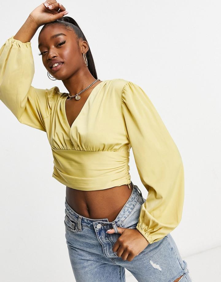 Pretty Lavish Ruched Waist Volume Sleeve Matte Satin Blouse In Ochre-yellow