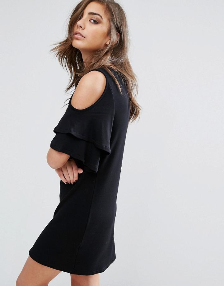 Miss Selfridge Cold Shoulder Ruffle Smock Dress - Black