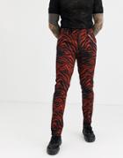 Asos Design Skinny Smart Pants In Cotton Zebra Print With Chain In Burgundy