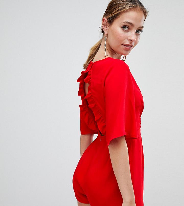 Missguided Petite Ruffle Open Back Romper - Red