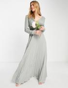 Asos Design Bridesmaid Pleated Long Sleeve Maxi Dress With Satin Wrap Waist In Olive-green