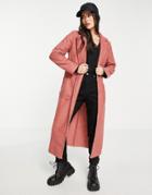 Naanaa Longline Belted Coat In Pink-orange