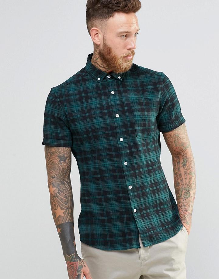 Asos Skinny Shirt With Mid Scale Check And Short Sleeves In Green - Green